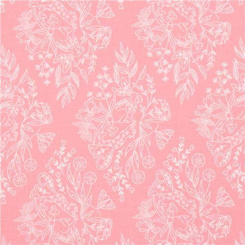 pink fabric white rabbit squirrel leaf by Michael Miller