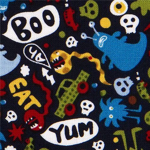 Michael Miller fabric Don't eat me skulls monsters