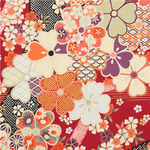 embellished dark red Asia flower fabric by Quilt Gate
