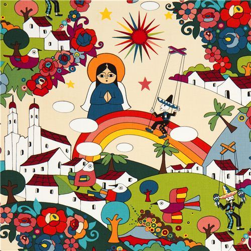 beige Mexican folklore fabric by Alexander Henry