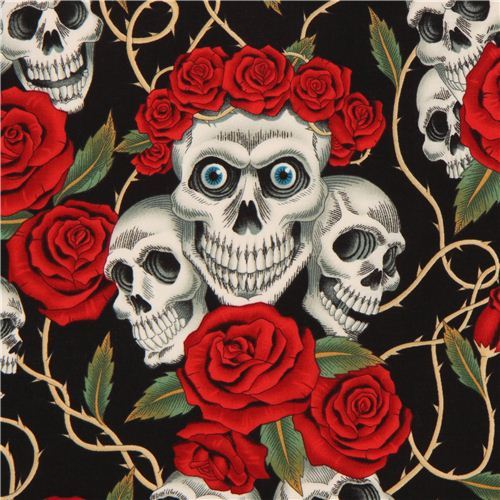 black Alexander Henry fabric roses and white skulls