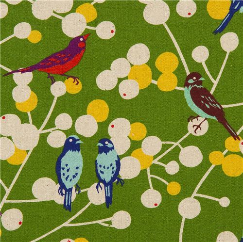 green echino birds and berries canvas fabric cherry