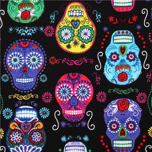 black Folk Art skull fabric by Timeless Treasures