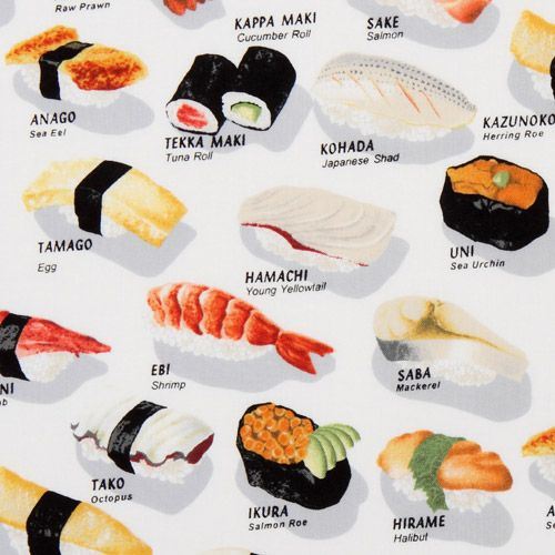 funny white sushi fabric Robert Kaufman