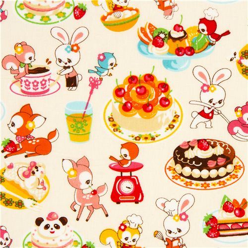 white kawaii fabric desserts animals by Cosmo from Japan