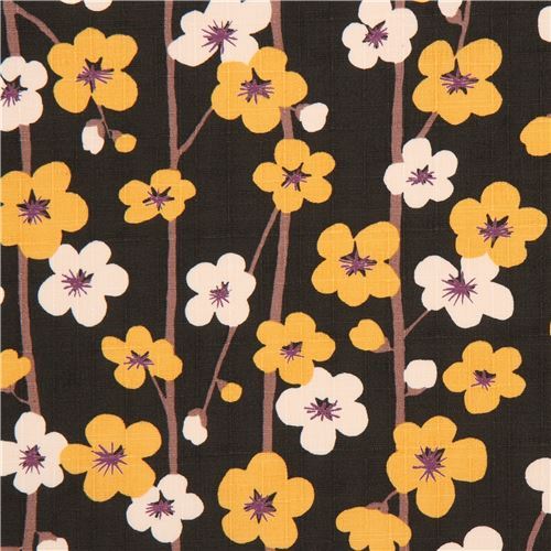 dark green structured marigold yellow light cream flower dobby fabric from Japan