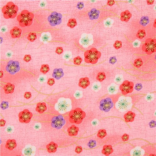 pink Asia purple pink white  blossom flower gold metallic embellishment fabric