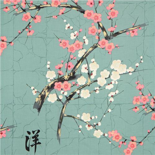 teal Alexander Henry Japanese flower fabric with gold